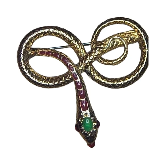 Rare Vt Metropolitan Mus of Art MMA Snake Brooch Enamel Jade Ruby 24K Gold Pltd - Picture 1 of 4